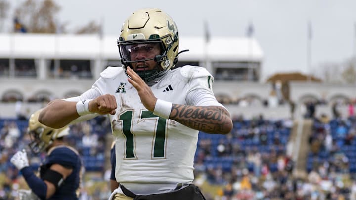 Annapolis, Maryland, USA; South Florida Bulls quarterback Byrum Brown (17) reacts after scoring a touchdown against the Navy Midshipmen during the second half at Navy-Marine Corps Memorial Stadium. Navy Midshipmen defeated South Florida Bulls 41-28. Annapolis, Maryland, USA; South Florida Bulls quarterback Byrum Brown (17) reacts after scoring a touchdown against the Navy Midshipmen during the second half at Navy-Marine Corps Memorial Stadium. Navy Midshipmen defeated South Florida Bulls 41-28.