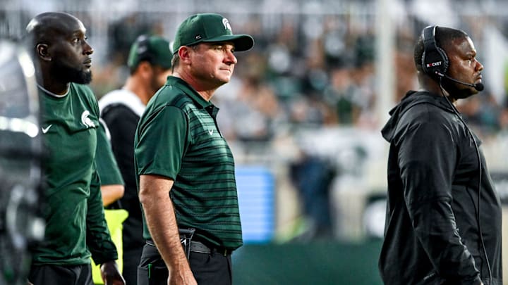 Michigan State's head coach Jonathan Smith looks on on the game against Florida Atlantic during the second quarter on Friday, Aug. 30, 2024, at Spartan Stadium in East Lansing.