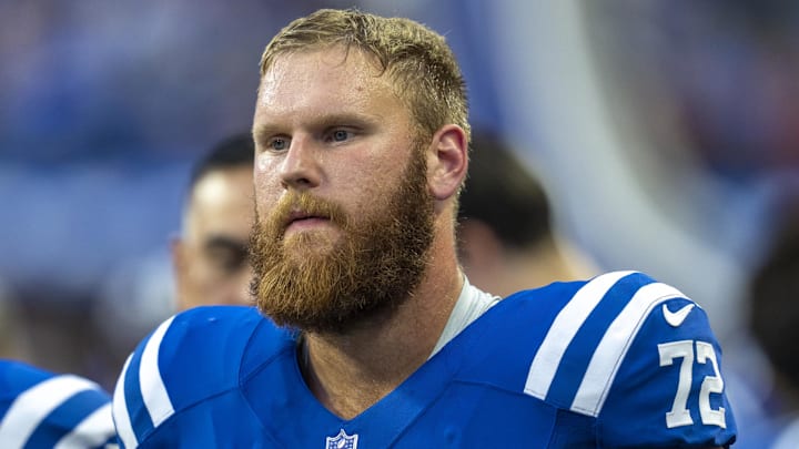 Aug 27, 2022; Indianapolis, Indiana, USA; Indianapolis Colts offensive tackle Braden Smith (72) looks on during a preseason game against the Tampa Bay Buccaneers at Lucas Oil Stadium. Mandatory Credit: Robert Scheer-Imagn Images