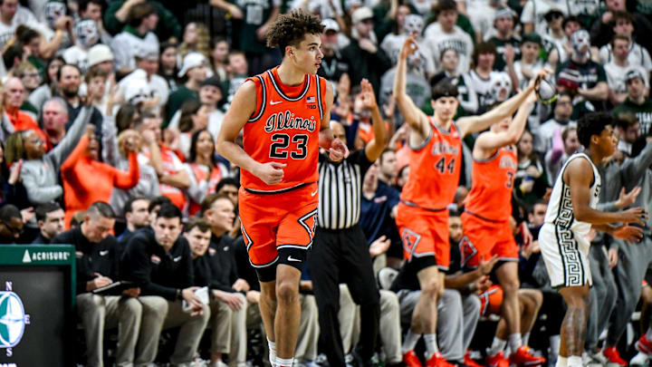 Illinois' Keaton Wagler celebrates a 3-pointer against Michigan State during the second half on Saturday, Feb. 7, 2026, at the Breslin Center in East Lansing.