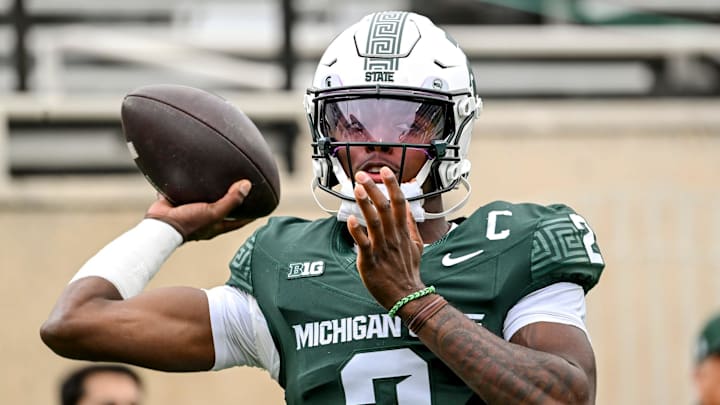 Michigan State's Aidan Chiles warms up before the football game against UCLA on Saturday, Oct. 11, 2025, at Spartan Stadium in East Lansing. Michigan State's Aidan Chiles warms up before the football game against UCLA on Saturday, Oct. 11, 2025, at Spartan Stadium in East Lansing.