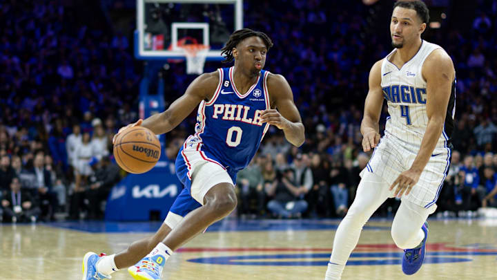 Jan 30, 2023; Philadelphia, Pennsylvania, USA; Philadelphia 76ers guard Tyrese Maxey (0) dribbles