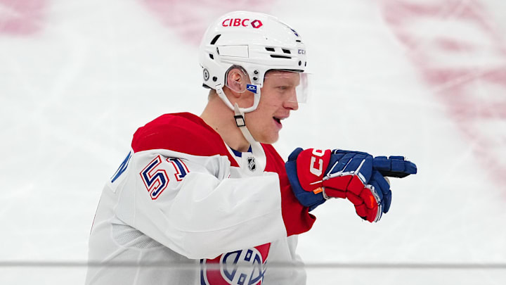 Dec 31, 2024; Las Vegas, Nevada, USA; Montreal Canadiens left wing Emil Heineman (51) celebrates after scoring a goal against the Vegas Golden Knights during the third period at T-Mobile Arena. Mandatory Credit: Stephen R. Sylvanie-Imagn Images Dec 31, 2024; Las Vegas, Nevada, USA; Montreal Canadiens left wing Emil Heineman (51) celebrates after scoring a goal against the Vegas Golden Knights during the third period at T-Mobile Arena. Mandatory Credit: Stephen R. Sylvanie-Imagn Images