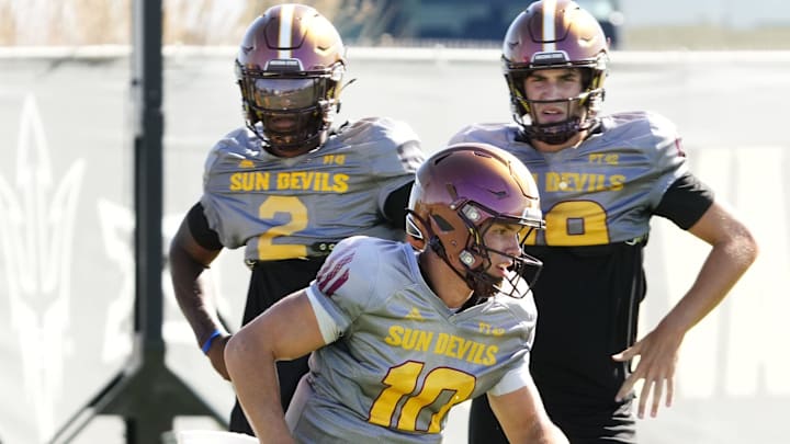 Arizona State Sun Devils quarterback Sam Leavitt (10) during practice in Tempe on Sept. 10, 2025. Arizona State Sun Devils quarterback Sam Leavitt (10) during practice in Tempe on Sept. 10, 2025.