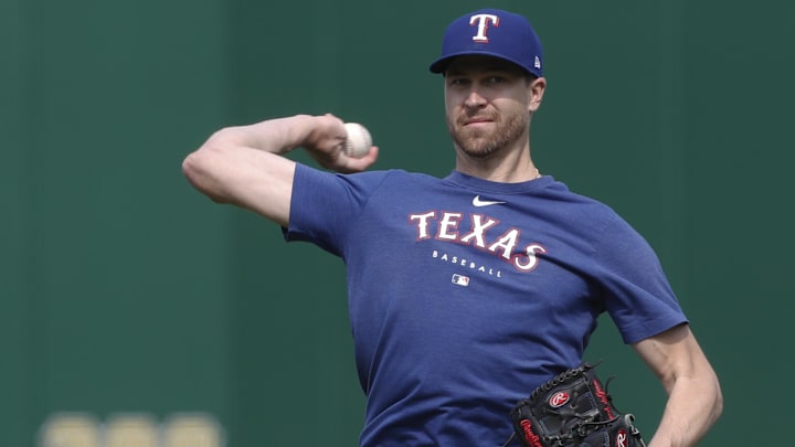May 23, 2023; Pittsburgh, Pennsylvania, USA; Texas Rangers pitcher Jacob deGrom (48) throws in the outfield before the game against the Pittsburgh Pirates at PNC Park. May 23, 2023; Pittsburgh, Pennsylvania, USA; Texas Rangers pitcher Jacob deGrom (48) throws in the outfield before the game against the Pittsburgh Pirates at PNC Park.