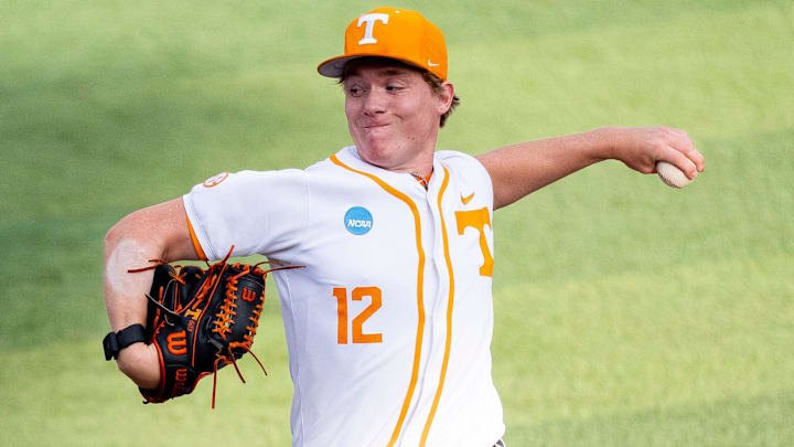 Tennessee's Liam Doyle (12) throws the ball during a NCAA Baseball Tournament Knoxville Regional game between Tennessee and Miami Ohio on May 30, 2025.