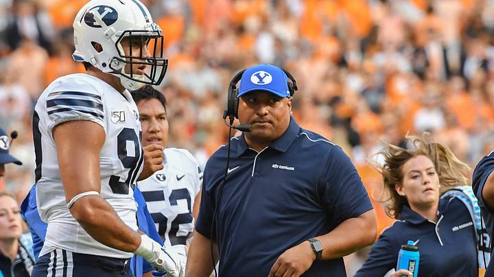 Sep 7, 2019; Knoxville, TN, USA; Brigham Young Cougars head coach Kalani Sitake during the game against the Tennessee Volunteers at Neyland Stadium. Mandatory Credit: Randy Sartin-USA TODAY Sports Sep 7, 2019; Knoxville, TN, USA; Brigham Young Cougars head coach Kalani Sitake during the game against the Tennessee Volunteers at Neyland Stadium. Mandatory Credit: Randy Sartin-USA TODAY Sports