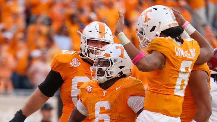 Oct 19, 2024; Knoxville, Tennessee, USA; Tennessee Volunteers running back Dylan Sampson (6) celebrates after a touchdown against the Alabama Crimson Tide during the second half at Neyland Stadium. Mandatory Credit: Randy Sartin-Imagn Images
