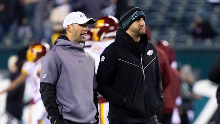 Dec 21, 2021; Philadelphia, Pennsylvania, USA; Philadelphia Eagles head coach Nick Sirianni (R) and