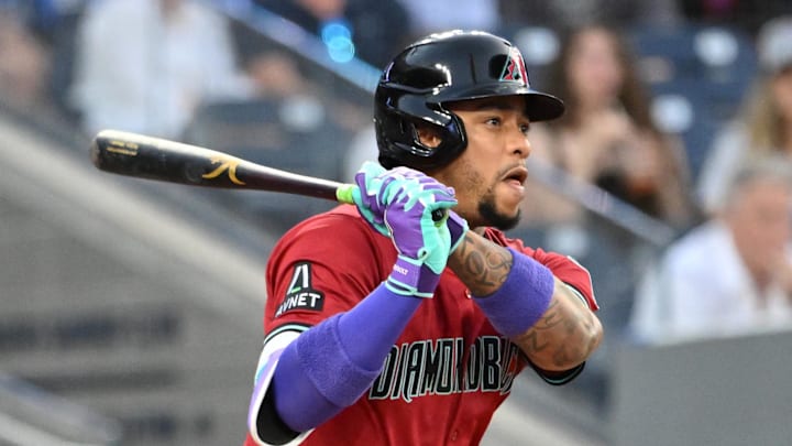 Ketel Marte of Arizona Diamondbacks hits ball against Toronto Blue Jays.