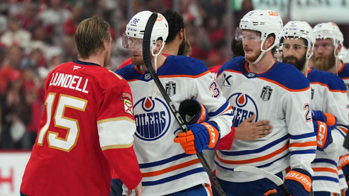 Florida Panthers center Anton Lundell shakes hands with the Edmonton Oilers after game six of the 2025 Stanley Cup Final.
