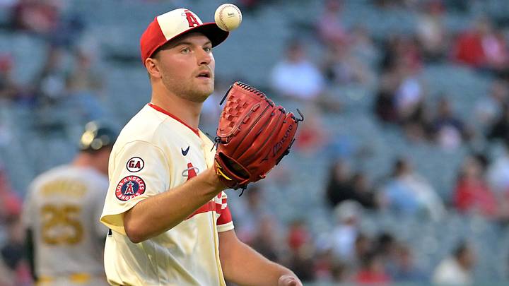 May 19, 2026: Los Angeles Angels starting pitcher Reid Detmers (48) reacts in the third inning against the Athletics at Angel Stadium. Credit: Jayne Kamin-Oncea-Imagn Images