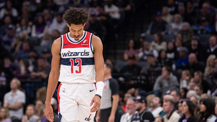 Jan 19, 2025; Sacramento, California, USA; Washington Wizards guard Jordan Poole (13) walks back to the bench after a time out was called during the second quarter of the game against the Sacramento Kings at Golden 1 Center. Mandatory Credit: Ed Szczepanski-Imagn Images