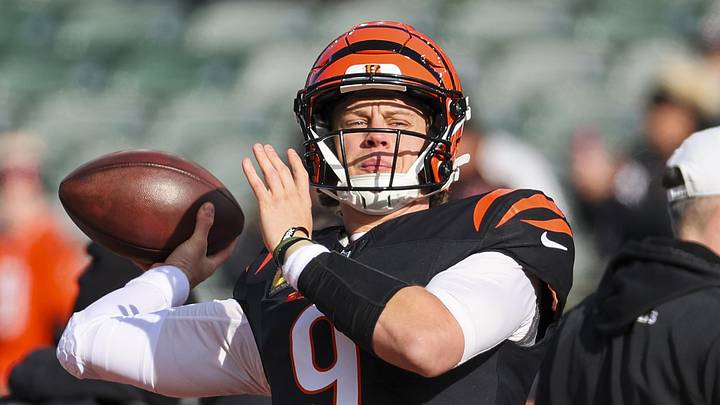 Jan 4, 2026; Cincinnati, Ohio, USA; Cincinnati Bengals quarterback Joe Burrow (9) participates in pregame warmups against the Cleveland Browns at Paycor Stadium. Mandatory Credit: Joseph Maiorana-Imagn Images