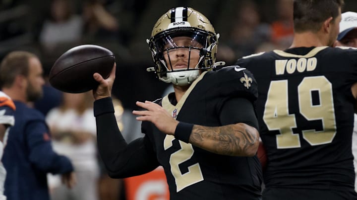 Aug 23, 2025; New Orleans, Louisiana, USA; New Orleans Saints quarterback Spencer Rattler (2) warms up before a game against the Denver Broncos at Caesars Superdome. Mandatory Credit: Matthew Hinton-Imagn Images