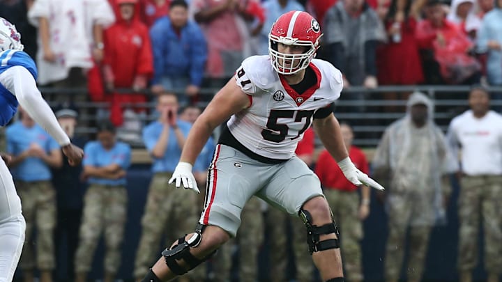 Nov 9, 2024; Oxford, Mississippi, USA; Georgia Bulldogs offensive lineman Monroe Freeling (57) blocks during the first half against the Mississippi Rebels at Vaught-Hemingway Stadium. Mandatory Credit: Petre Thomas-Imagn Images