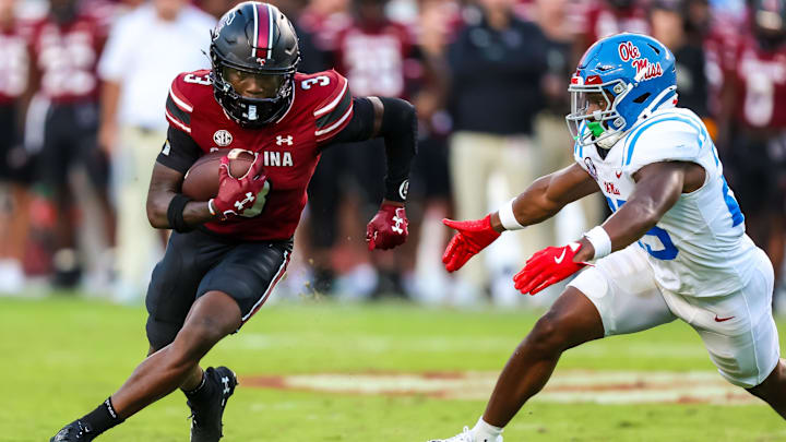 Oct 5, 2024; Columbia, South Carolina, USA; South Carolina Gamecocks wide receiver Mazeo Bennett Jr. (3) runs after a catch against the Mississippi Rebels in the second half at Williams-Brice Stadium. Mandatory Credit: Jeff Blake-Imagn Images Oct 5, 2024; Columbia, South Carolina, USA; South Carolina Gamecocks wide receiver Mazeo Bennett Jr. (3) runs after a catch against the Mississippi Rebels in the second half at Williams-Brice Stadium. Mandatory Credit: Jeff Blake-Imagn Images