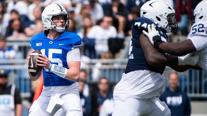 Penn State quarterback Drew Allar passes from the pocket during the Blue-White Game at Beaver Stadium.