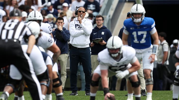 Penn State football coach James Franklin watches the action during the 2025 Blue-White Game at Beaver Stadium. Penn State football coach James Franklin watches the action during the 2025 Blue-White Game at Beaver Stadium.