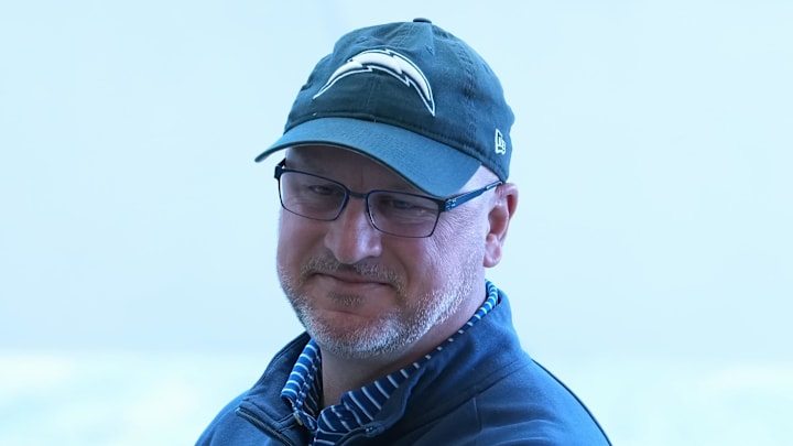 January 27, 2026; El Segundo, California, USA; Los Angeles general manager Joe Hortiz attends introductory press conference for offensive coordinator Mike McDaniel at The Bolt. Mandatory Credit: Kirby Lee-Imagn Images