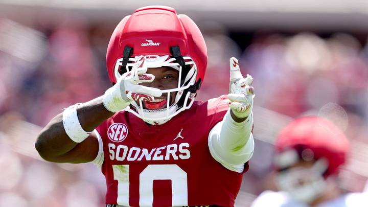Oklahoma linebacker Kip Lewis celebrates a tackle during the Sooners' 2026 Spring Game. Oklahoma linebacker Kip Lewis celebrates a tackle during the Sooners' 2026 Spring Game.