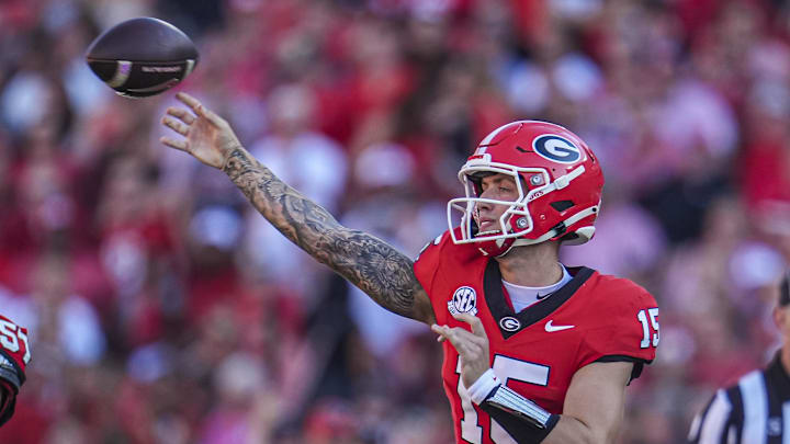 Oct 12, 2024; Athens, Georgia, USA; Georgia Bulldogs quarterback Carson Beck (15) passes against the Mississippi State Bulldogs at Sanford Stadium. Mandatory Credit: Dale Zanine-Imagn Images