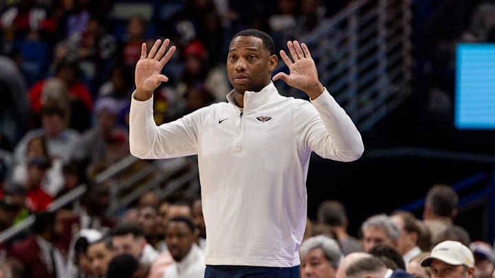 Nov 12, 2025; New Orleans, Louisiana, USA;  New Orleans Pelicans Head Coach Willie Green against the Portland Trail Blazers  during the first half at Smoothie King Center. Mandatory Credit: Stephen Lew-Imagn Images