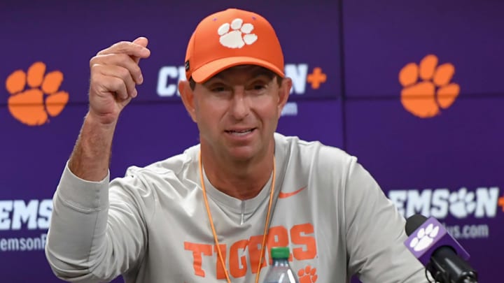 Clemson football head coach Dabo Swinney talks with media before the first football practice at the Allen N. Reeves Football Complex at Clemson University in Clemson, S.C. Friday, February 28, 2025.