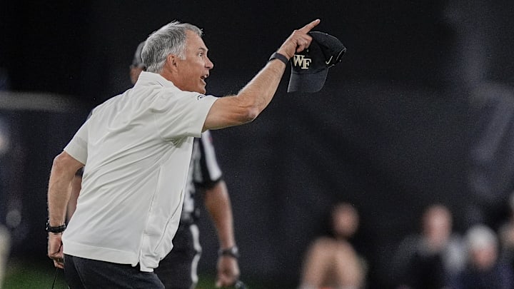 Nov 8, 2024; Winston-Salem, North Carolina, USA; Wake Forest Demon Deacons head coach Dave Clawson reacts to a call during the second half against the California Golden Bears at Allegacy Federal Credit Union Stadium. Mandatory Credit: Jim Dedmon-Imagn Images