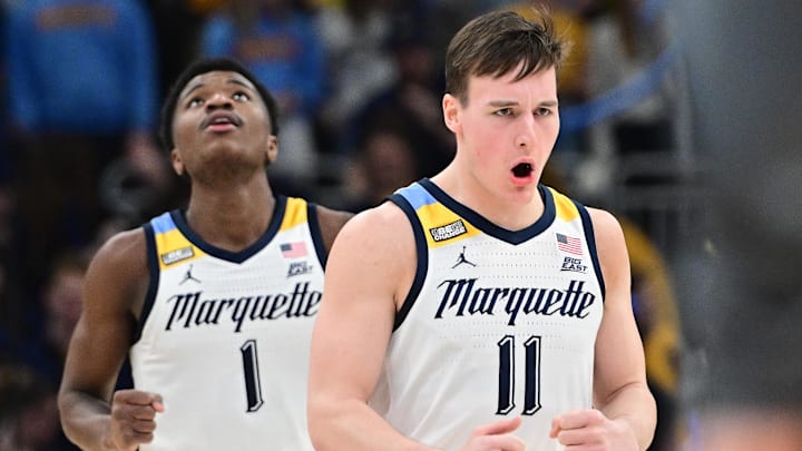 Jan 15, 2024; Milwaukee, Wisconsin, USA; Marquette Golden Eagles guard Tyler Kolek (11) reacts after