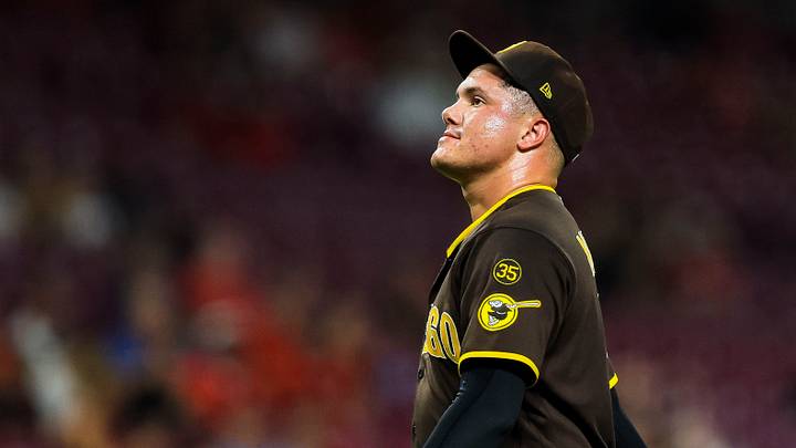 Sep 1, 2026; Cincinnati, Ohio, USA; San Diego Padres relief pitcher Adrian Morejon (50) walks off the field during a pitching change in the eighth inning against the Cincinnati Reds at Great American Ball Park. Mandatory Credit: Katie Stratman-Imagn Images