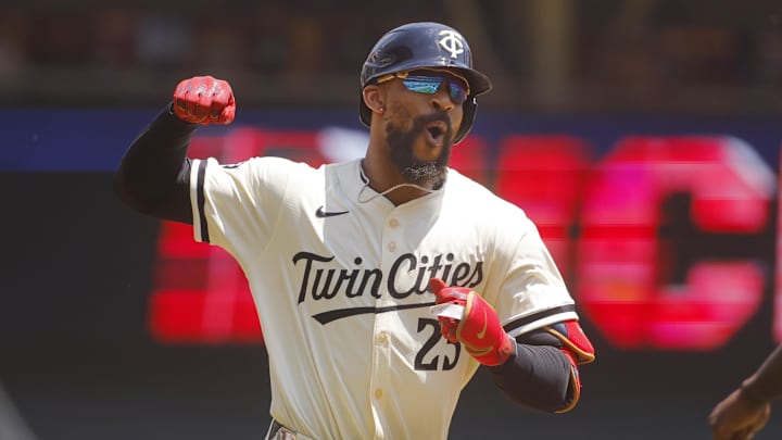 Jul 6, 2025; Minneapolis, Minnesota, USA; Minnesota Twins center fielder Byron Buxton (25) runs the bases on his solo home run in the first inning at Target Field.
