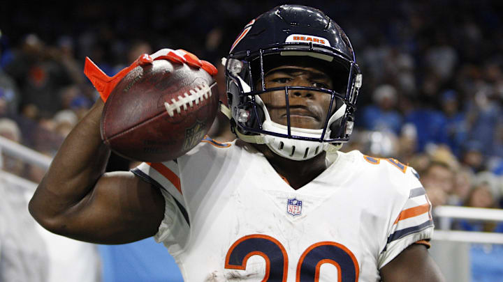 Nov 22, 2018; Detroit, MI, USA; Chicago Bears running back Tarik Cohen (29) celebrates after scoring a touchdown during the fourth quarter against the Detroit Lions at Ford Field. Mandatory Credit: Raj Mehta-USA TODAY Sports