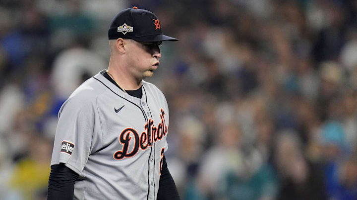 Tigers pitcher Tarik Skubal walks off the field after pitching the first inning against Mariners at ALDS Game 5 at T-Mobile Park in Seattle on Friday, Oct. 10, 2025.