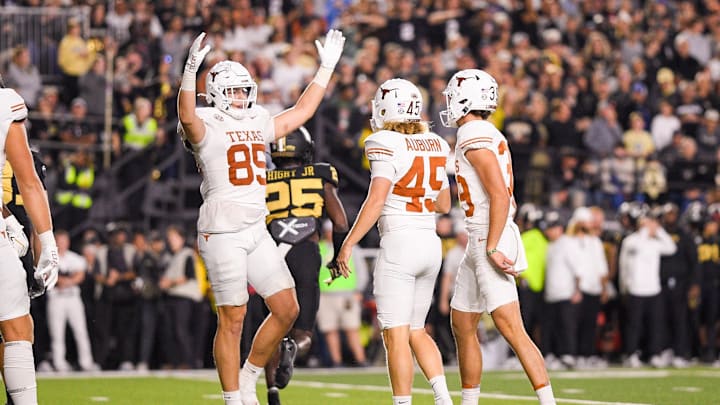Oct 26, 2024; Nashville, Tennessee, USA; Texas Longhorns place kicker Bert Auburn (45) kicks what is to become the game winning field goal against the Vanderbilt Commodores during the second half at FirstBank Stadium. Mandatory Credit: Steve Roberts-Imagn Images Oct 26, 2024; Nashville, Tennessee, USA; Texas Longhorns place kicker Bert Auburn (45) kicks what is to become the game winning field goal against the Vanderbilt Commodores during the second half at FirstBank Stadium. Mandatory Credit: Steve Roberts-Imagn Images