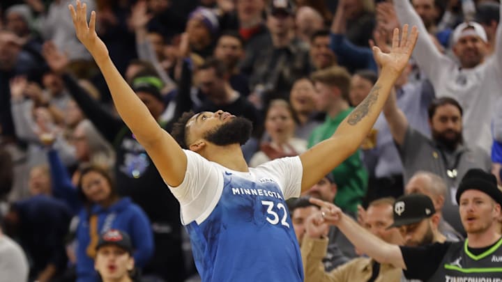 Feb 28, 2024; Minneapolis, Minnesota, USA; Minnesota Timberwolves forward Karl-Anthony Towns (32) Feb 28, 2024; Minneapolis, Minnesota, USA; Minnesota Timberwolves forward Karl-Anthony Towns (32)