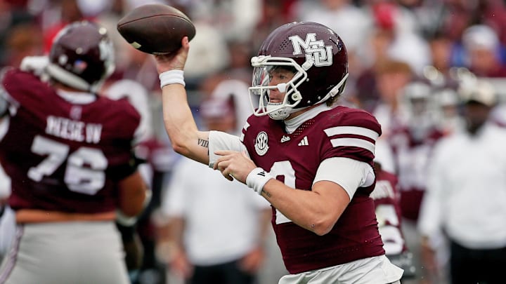 Oct 25, 2025; Starkville, Mississippi, USA; Mississippi State Bulldogs quarterback Blake Shapen (2) throws a pass during the first quarter against the Texas Longhorns at Davis Wade Stadium at Scott Field. Mandatory Credit: Petre Thomas-Imagn Images Oct 25, 2025; Starkville, Mississippi, USA; Mississippi State Bulldogs quarterback Blake Shapen (2) throws a pass during the first quarter against the Texas Longhorns at Davis Wade Stadium at Scott Field. Mandatory Credit: Petre Thomas-Imagn Images