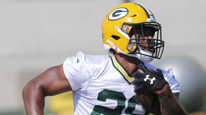 Green Bay Packers rookie running back AJ Dillon is shown Monday, Aug. 17, 2020, during training camp in Green Bay, Wis.