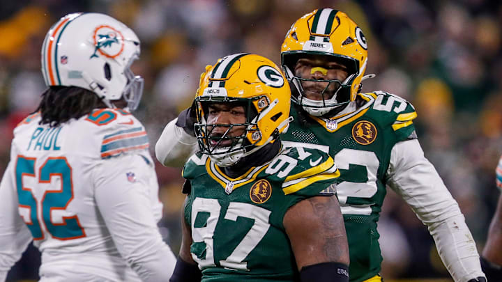 Green Bay Packers defensive tackle Kenny Clark (97) and defensive end Rashan Gary (52) celebrate after Clark sacks Miami Dolphins quarterback Tua Tagovailoa on Thursday, November 28, 2024, at Lambeau Field in Green Bay, Wis. The Packers won the game, 30-17.
Tork Mason/USA TODAY NETWORK-Wisconsin