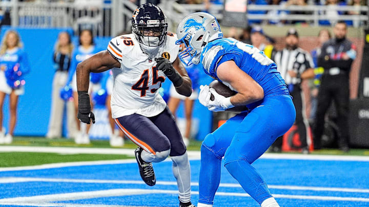 Lions tight end Sam LaPorta beats Amen Ogbongbemiga for a touchdown last season in Detroit.