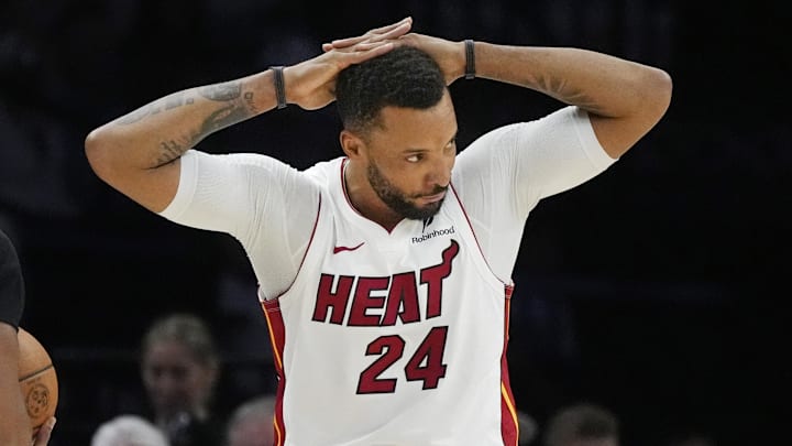 Jan 6, 2026; Minneapolis, Minnesota, USA; Miami Heat guard Norman Powell (24) pauses after a foul by the Minnesota Timberwolves in the first quarter at Target Center. Mandatory Credit: Bruce Kluckhohn-Imagn Images