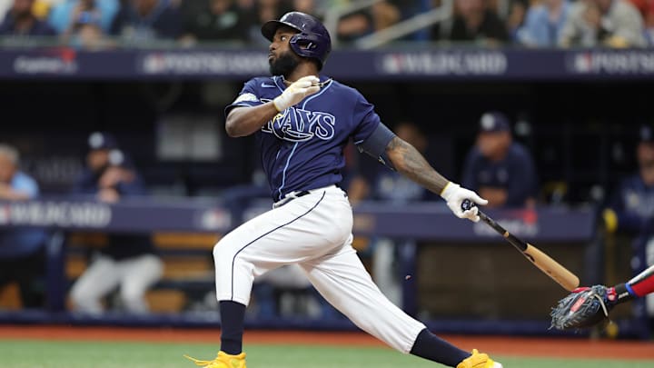 Oct 4, 2023; St. Petersburg, Florida, USA; Tampa Bay Rays left fielder Randy Arozarena (56) hits a