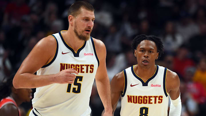 Oct 14, 2025; Denver, Colorado, USA; Denver Nuggets forward Peyton Watson (8) after scoring on an assist by center Nikola Jokic (15) during the first half at Ball Arena. Mandatory Credit: Christopher Hanewinckel-Imagn Images Oct 14, 2025; Denver, Colorado, USA; Denver Nuggets forward Peyton Watson (8) after scoring on an assist by center Nikola Jokic (15) during the first half at Ball Arena. Mandatory Credit: Christopher Hanewinckel-Imagn Images