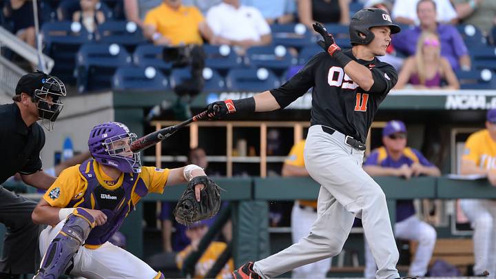 Jun 19, 2017; Omaha, NE, USA; Oregon State Beavers outfielder Trevor Larnach (11) drives in a run in the first inning against the LSU Tigers at TD Ameritrade Park Omaha. Mandatory Credit: Steven Branscombe-USA TODAY Sports Jun 19, 2017; Omaha, NE, USA; Oregon State Beavers outfielder Trevor Larnach (11) drives in a run in the first inning against the LSU Tigers at TD Ameritrade Park Omaha. Mandatory Credit: Steven Branscombe-USA TODAY Sports