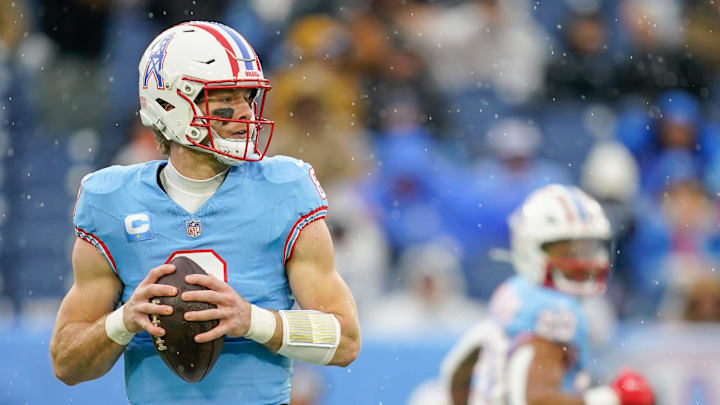 Tennessee Titans quarterback Will Levis (8) looks for a receiver during the first quarter against the Houston Texans at Nissan Stadium in Nashville, Tenn., Sunday, Jan. 5, 2025.