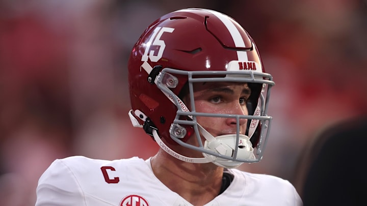 Sep 27, 2025; Athens, Georgia, USA; Alabama Crimson Tide quarterback Ty Simpson (15) looks on before the game against the Georgia Bulldogs at Sanford Stadium. Mandatory Credit: Brett Davis-Imagn Images