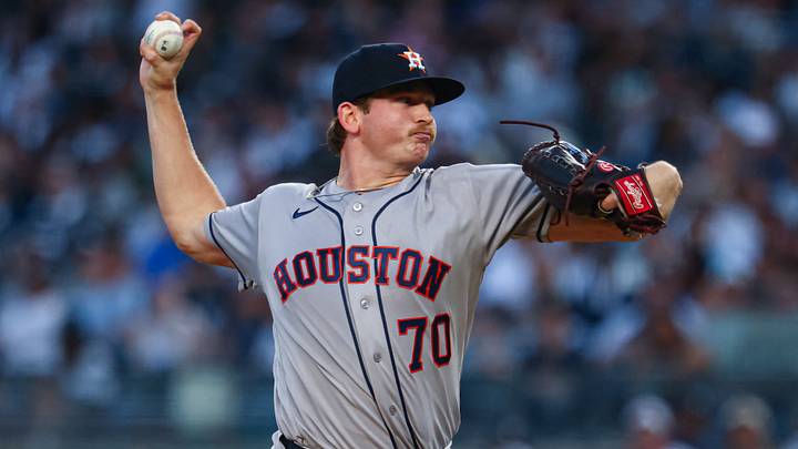Aug 25, 2026; Bronx, New York, USA; Houston Astros pitcher Ethan Pecko (70) delivers a pitch during the first inning against the New York Yankees at Yankee Stadium. Mandatory Credit: Vincent Carchietta-Imagn Images