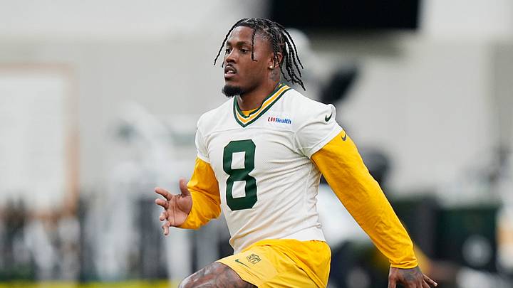 Green Bay Packers running back Josh Jacobs (8) warms up during the first day of a three-day minicamp at the Don Hutson Center in Ashwaubenon, Wisconsin on Tuesday, June 9, 2026.