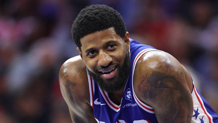 Mar 25, 2026; Philadelphia, Pennsylvania, USA; Philadelphia 76ers forward Paul George (8) looks on against the Chicago Bulls during the third quarter at Xfinity Mobile Arena. Mandatory Credit: Bill Streicher-Imagn Images