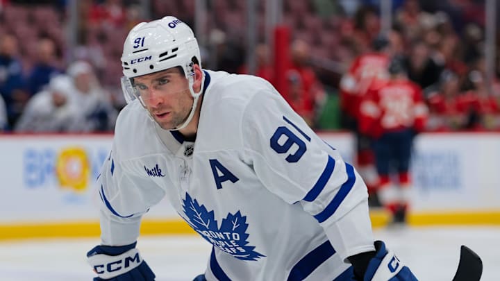 Nov 27, 2024; Sunrise, Florida, USA; Toronto Maple Leafs center John Tavares (91) looks on against the Florida Panthers during the second period at Amerant Bank Arena. Mandatory Credit: Sam Navarro-Imagn Images